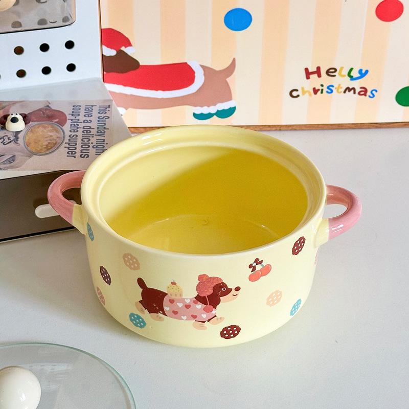 Ins süßer Wurstwelpe Keramik Instant-Nudel-Schüssel mit Deckel binaurale Schneckenpulver-Schüssel Geburtstagsgeschenk für Mädchen Souvenir