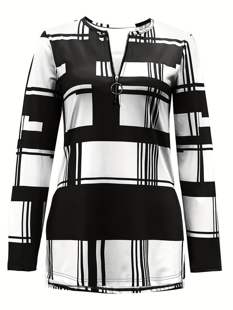 2025 Plus Size Women's Color Block Long Sleeve Zipper Shirt with Digital Print