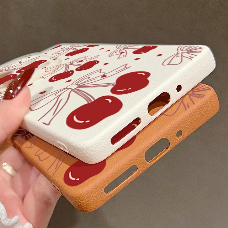 Cherry Bowknot Print Slim Soft Phone Case For Xiaomi 13T Pro Poco X7 X6 M6 Redmi 13C Note 14 13 Pro 12 11 Matte TPU Leather Texture Shockproof Cover