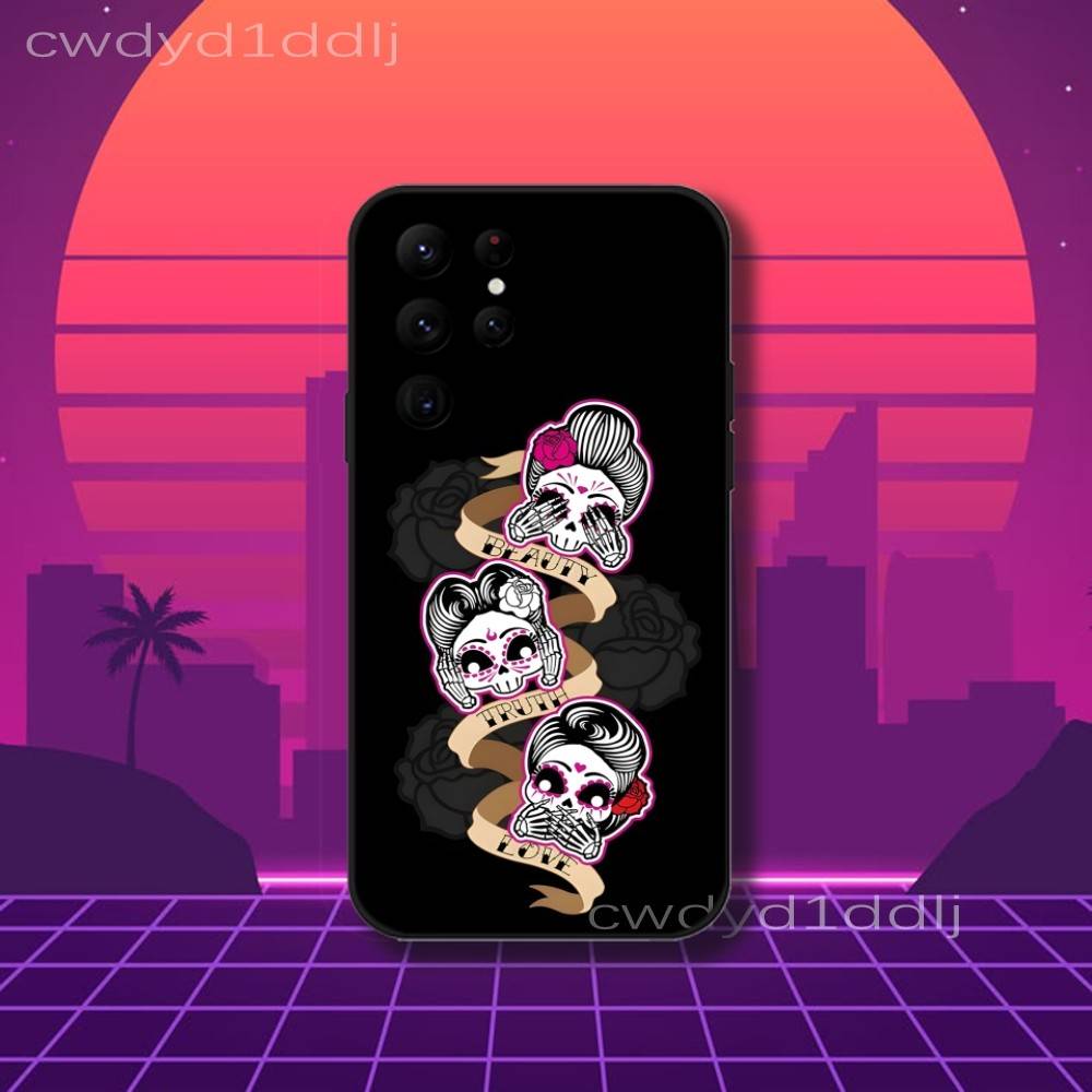 Mexican Catrina Skull Girls Phone Case For Samsung S10,S21,FE,S21 ,S26,S25,S24,S23,Ultra,S9,S22,Plus Black Shockproof Silicone