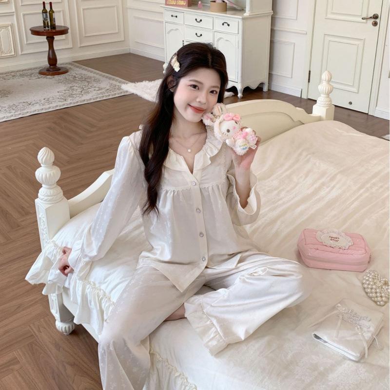 Ice Silk Pajamas for Women 1011 New Palace Style Long Sleeve and Long Pants Homewear Set Korean Sweet Style Loose Fit