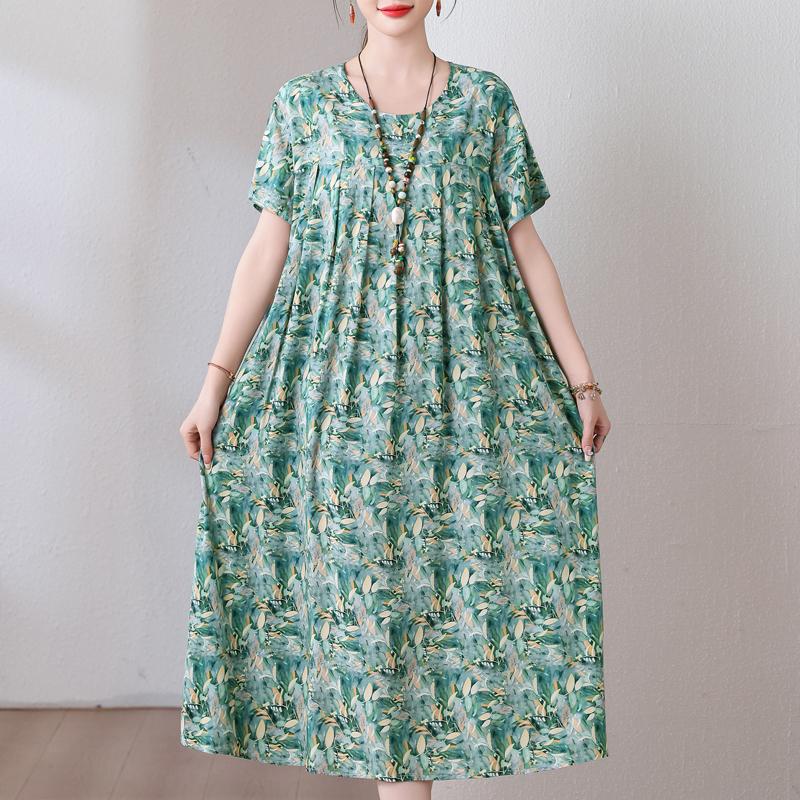 Plus Size Loose Vintage Print Langes Kleid für Damen Lässige Kurzarm-Sommer-Damenkleider