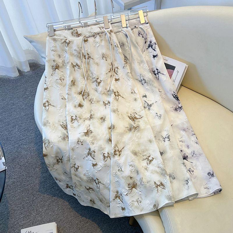 Midi-Rock mit Schmetterlingsdruck im chinesischen Stil für Damen Sommer Neo-Chinesisch Jacquard Froschknopf Lang A-Linie Blumenrock Elegant Hohe Taille