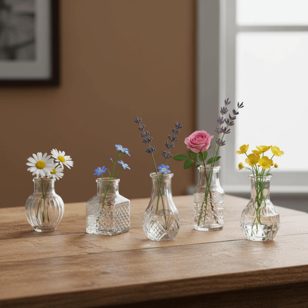 10PCS/SET Retro Relief Mini Glass Vase European Style Crystal Clear Flower Vase Elegant Decorative Transparent Vase Party Decor
