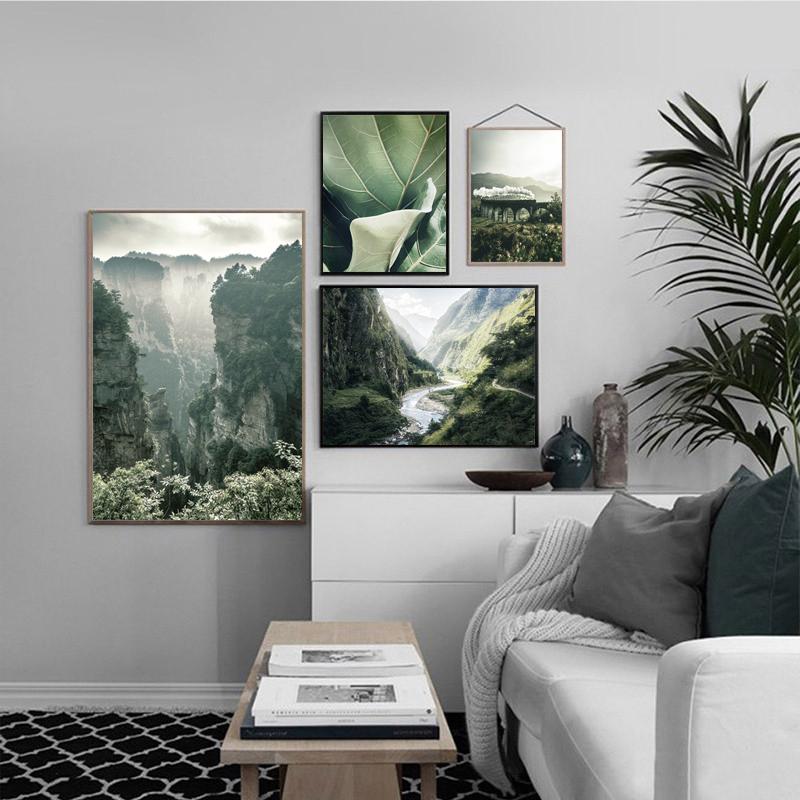 Nature Landscape Green Mountain Forest Leaf Canvas Painting Poster Nordic Art Print Wall Picture for Living Room Bedroom Decor