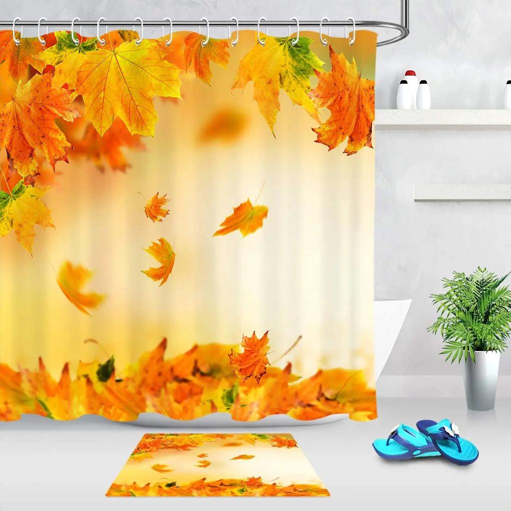 Autumn Fall Shower Curtains Romantic Fall Season Decor Falling Off Orange Red Maple Leaves Warm Scene Fall Home Bathroom Screens