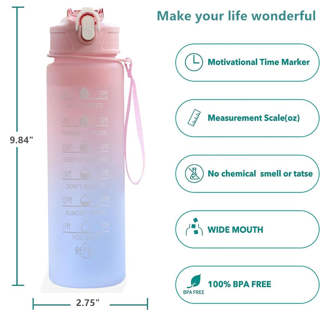 24 Oz Water Bottle with Times To Drink and Straw, Motivational Drinking Water Bottles with Carrying Strap, Leakproof BPA & Toxic
