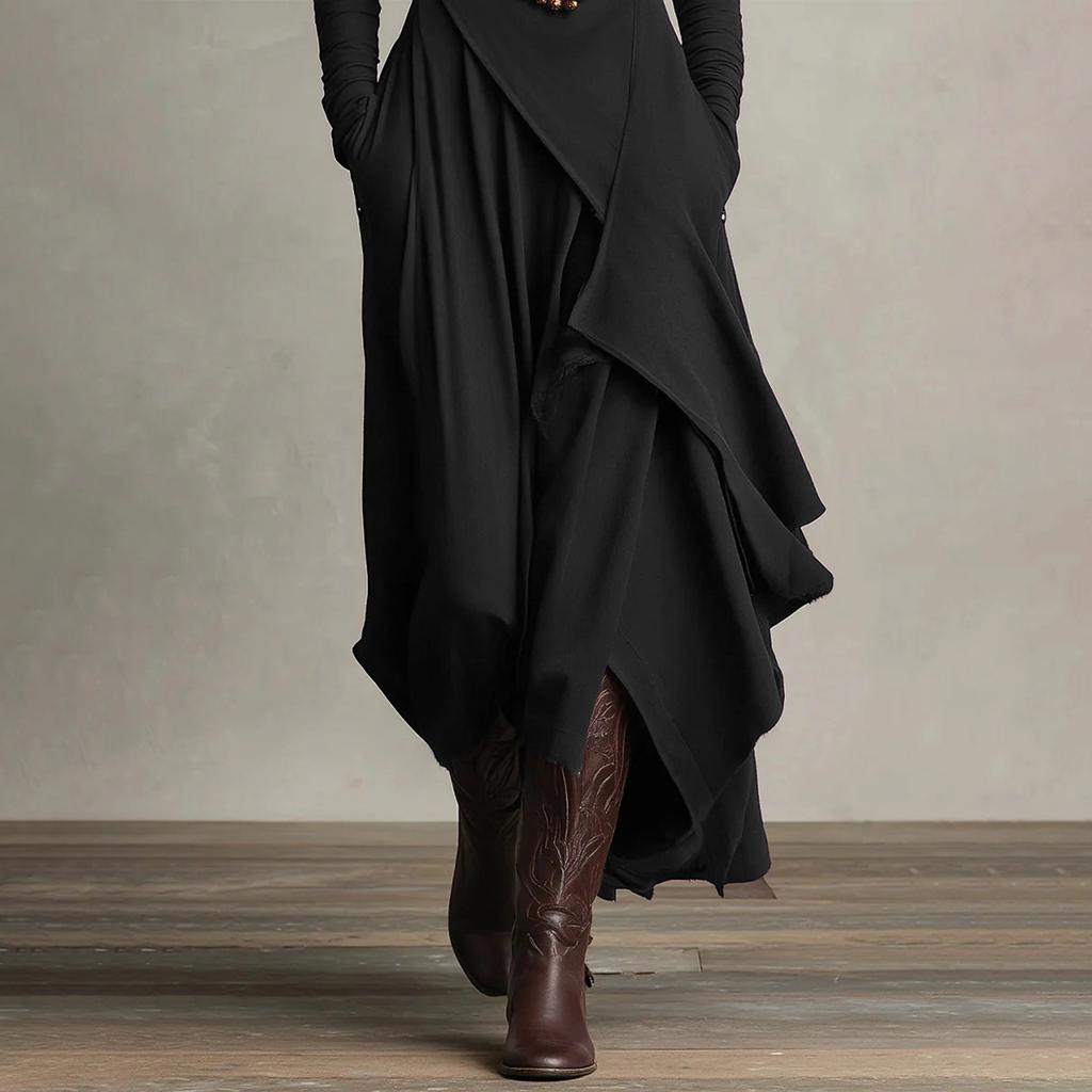 Women’s Long Sleeve Turtleneck Maxi Dress Asymmetric Hem Layered Ruffle Design A Line Fit Soft Fabric Elegant Style