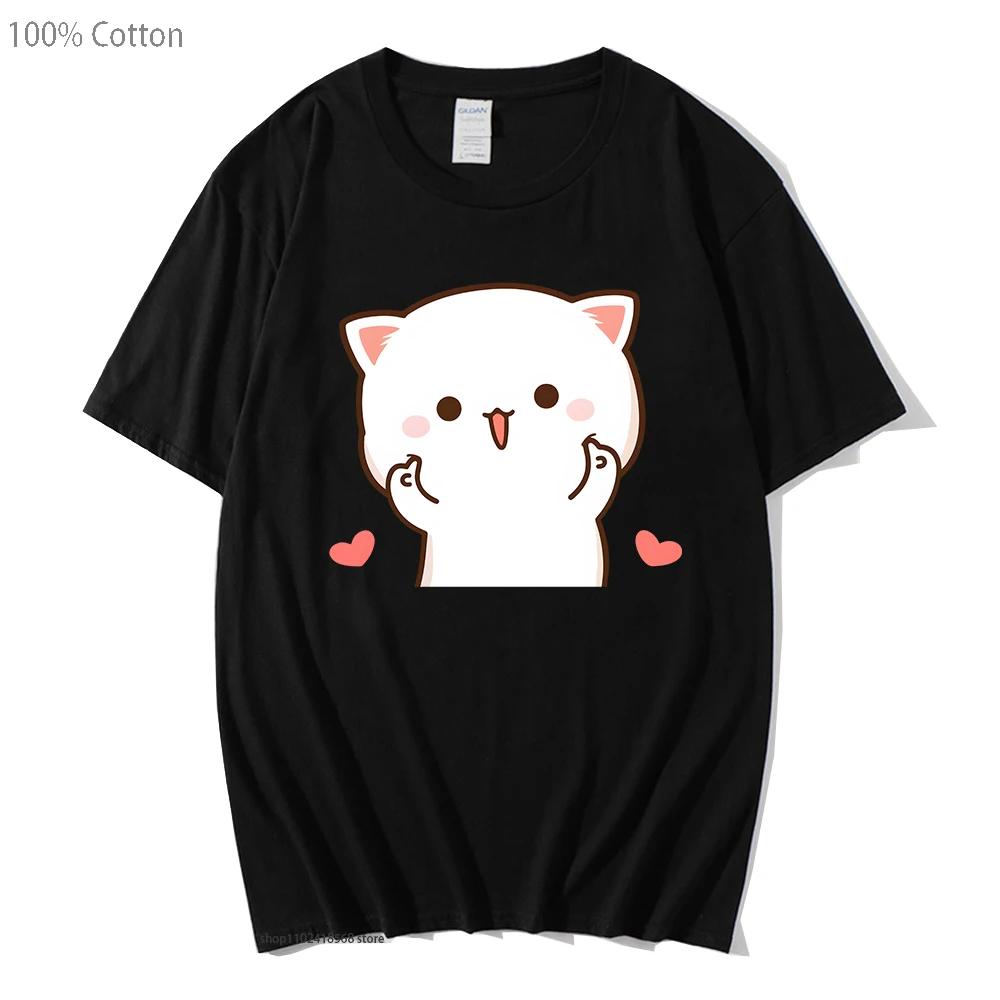 Cute Peach and Goma Mochi Cat Tshirt Women Cartoon Print Shirts Female Girls Kawaii Clothes Funny Tees Cotton Tops