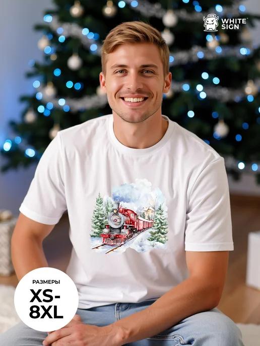 Oversized cotton Christmas T-shirt: Christmas Train print S