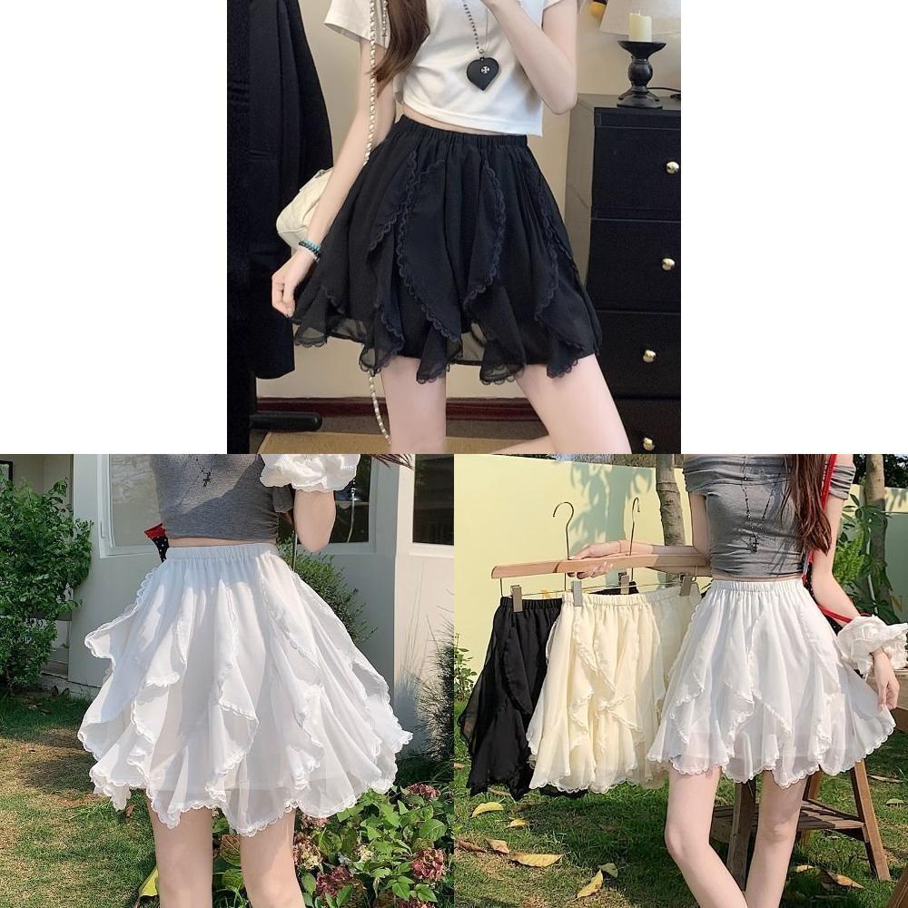 Irregular Lace Trim Puff Skirt With Splicing Detail For Summer Casual Wear
