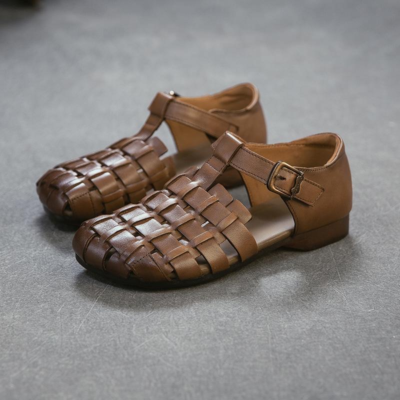 Johnature Genuine Leather Hand Woven Sandals With Belt Buckle Breathable And Comfortable Women s Shoes 35 хаки