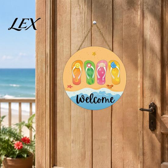 Wooden Hanging Sign Hello Summer Door Sign, Ice Pop Flip Flop Welcome Hanger, Front Plaque Farmhouse Wreath for Home Porch Decor Coastal Style Wall