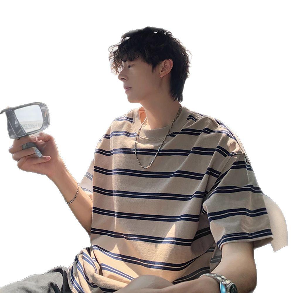 Men's Japanese Retro Color Block Striped Short Sleeve T-shirt