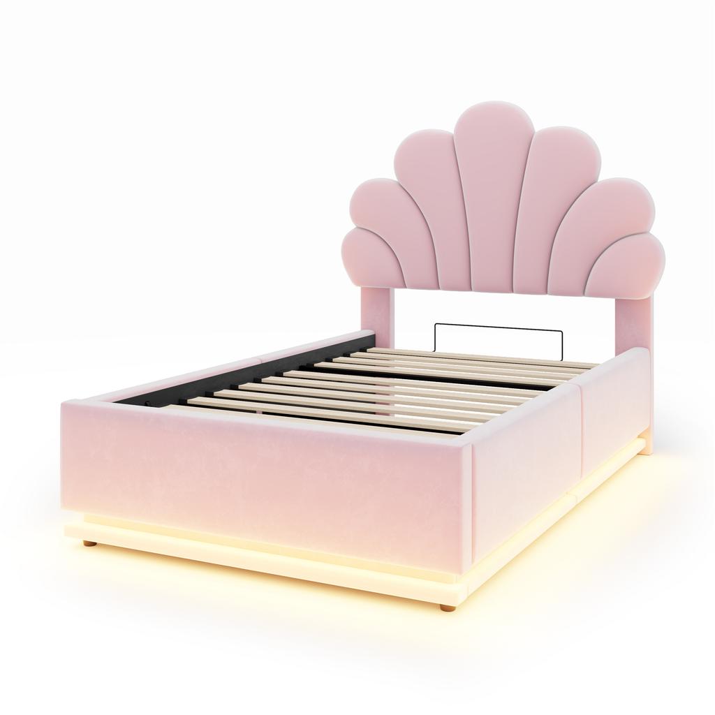 Upholstered Bed 90*200cm, Flower-Shaped Headboard, Hydraulic Storage, LED Lighting and Metal Frame, Velvet Fabric Beige, Pink
