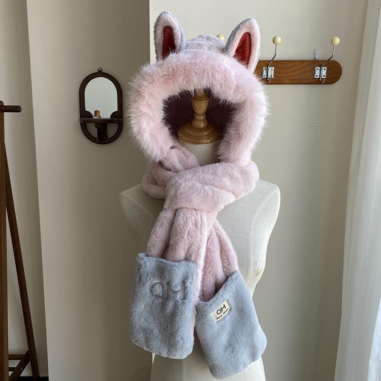 New winter fire fox ears warm plush ski scarf gloves integrated hat women's thickened three-piece set