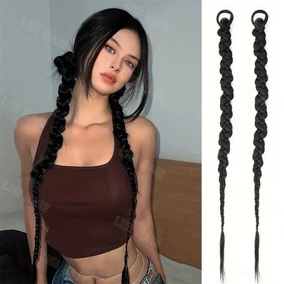 XINRAN 2pcs Synthetic Long Straight Braid Ponytail Wig Extension Elastic Twisted Ponytail Wig For Women Daily Cosplay Wear