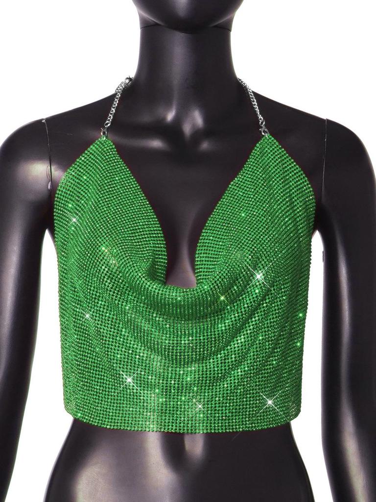 European & American Fashion Rhinestone Chain Strap Deep V Backless Crop Top
