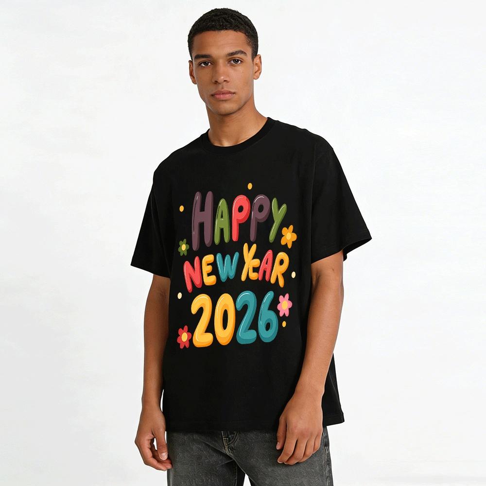 Happy New Year 2026 Graphic Print Casual Loose Fit Daily Top Pure Cotton T-shirt
