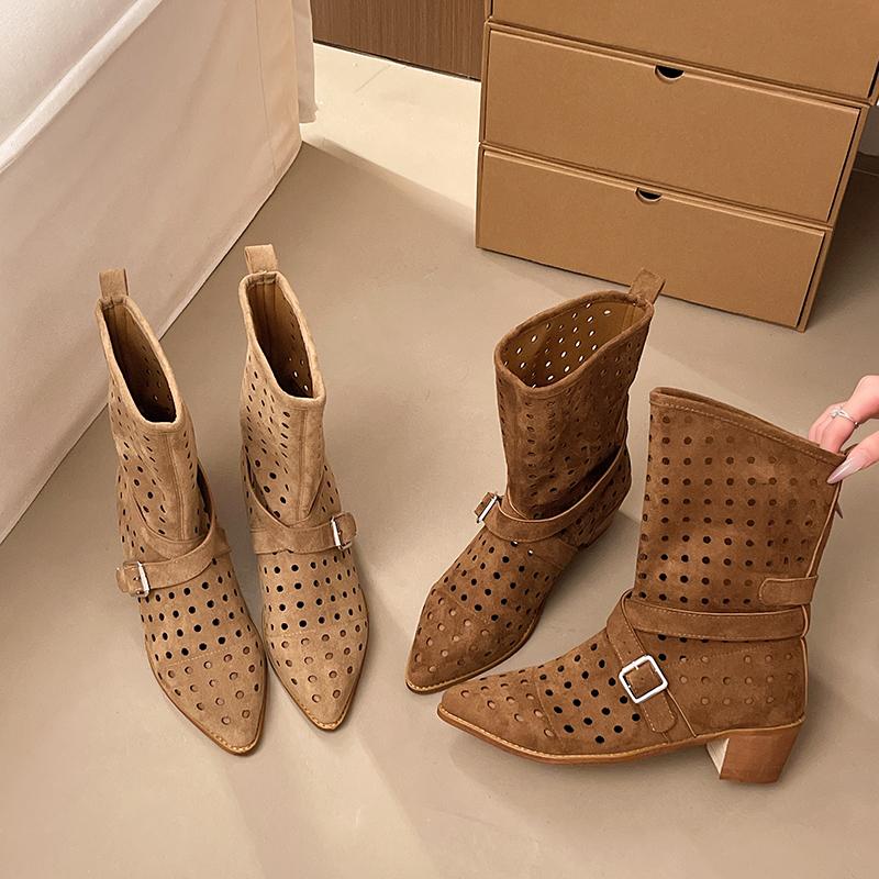 Mid-tube Boots Summer New Pointed Toe Sleeve Cutout Breathable Block Heel Sandals