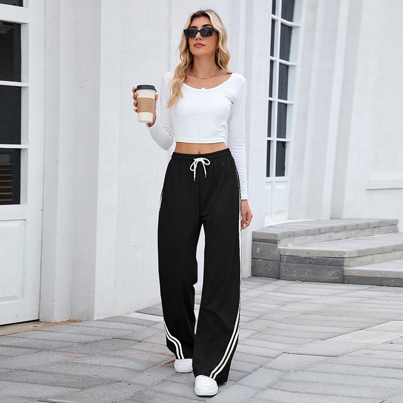 Women Autumn Winter Sports Casual Side Striped Drawstring High-Waisted Straight-leg Pants Sweatpants