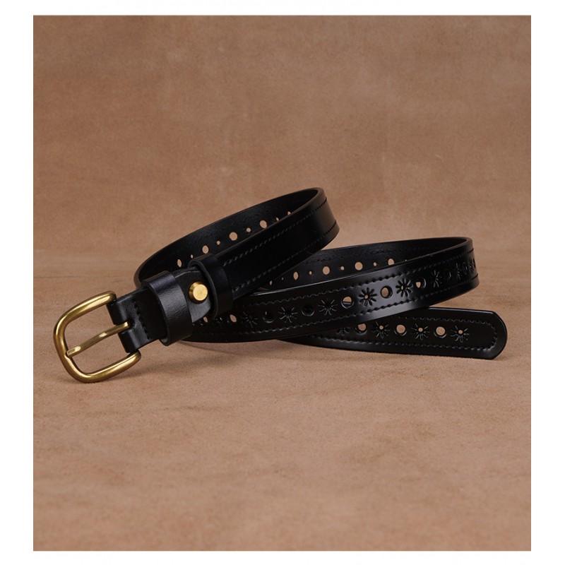 Womens Genuine Leather Belt With Hollow Cut Design Slim Waistband Casual Office Jeans Outfits Zinc Alloy Pin Buckle