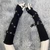 Damen Lang Schwarz Schnürung Fingerlos Tanzhandschuhe - Biker-Stil Ärmel