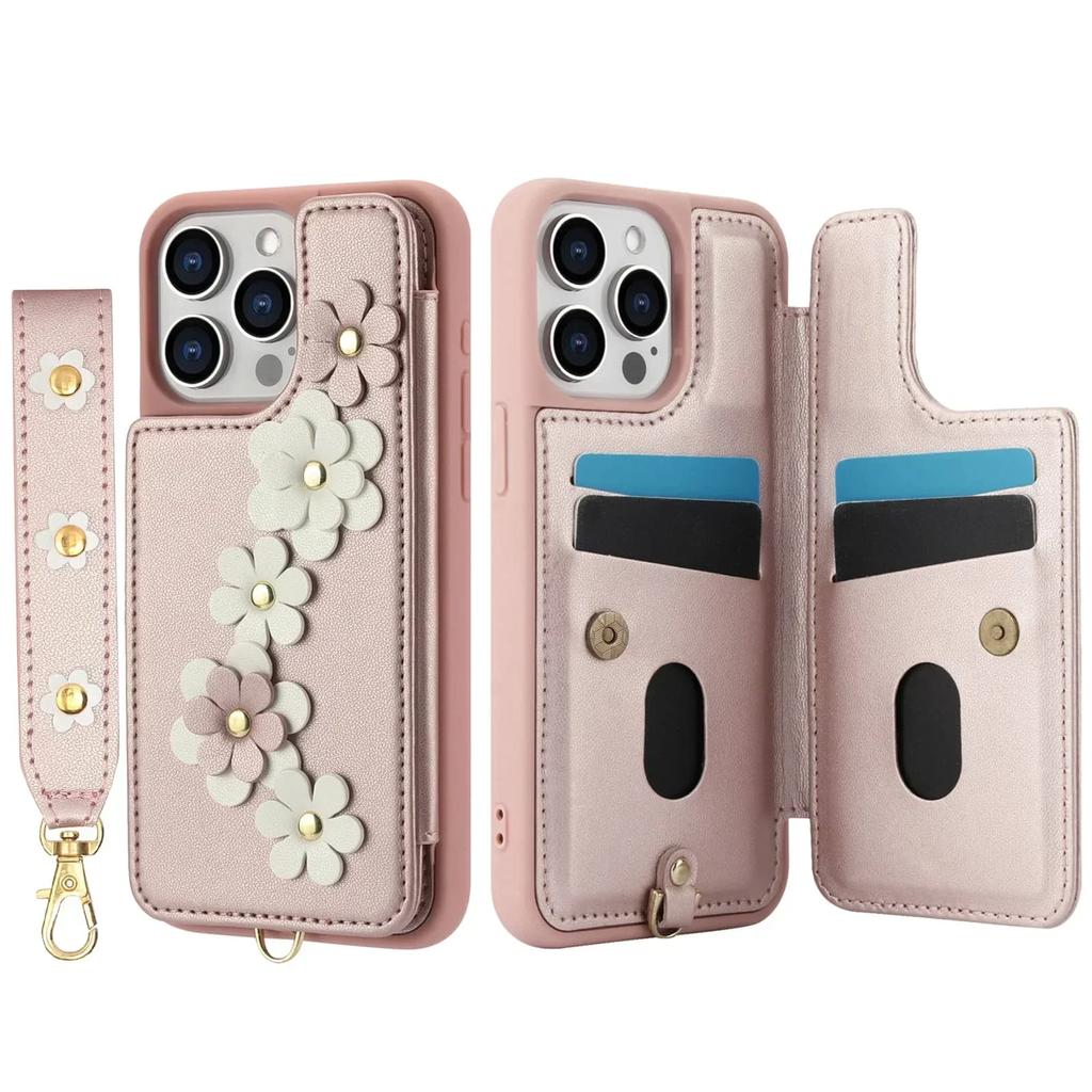 Wallet Case for iPhone 16 15 14 Pro Max Plus, Card Holder Crossbody Purse, Cute Flower Design, Magnetic Kickstand Phone Cover