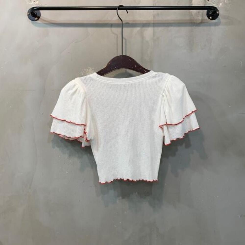 C S In The Room Ima Shoulder Pad letterIng Frill Crop Short Sleeve Knit 3Color C