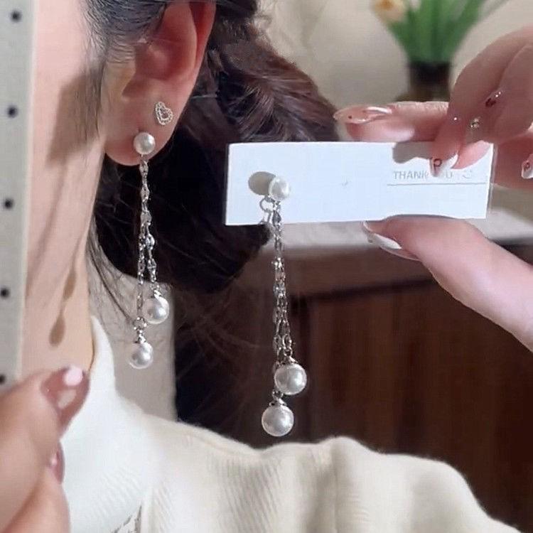 2025 New Stylish Pearl Tassel Stud Earrings in 925 Sterling Silver – Elegant and Luxurious Jewelry for Girls серебряный