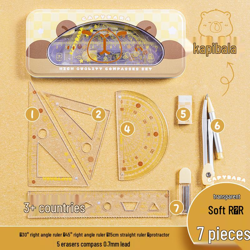Capybara Cartoon Tin Box Stationery Set: 15cm Soft Ruler, Compass, Protractor for Elementary Students