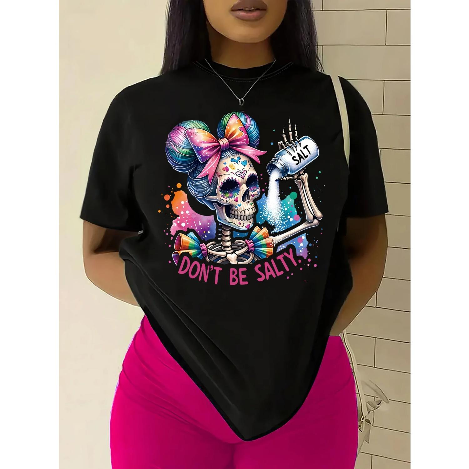 

Women s Casual Crew Neck T-Shirt - Colorful Sugar Skull & Don t Be Salty Slogan Graphic Regular Length Machine Washable S чёрный