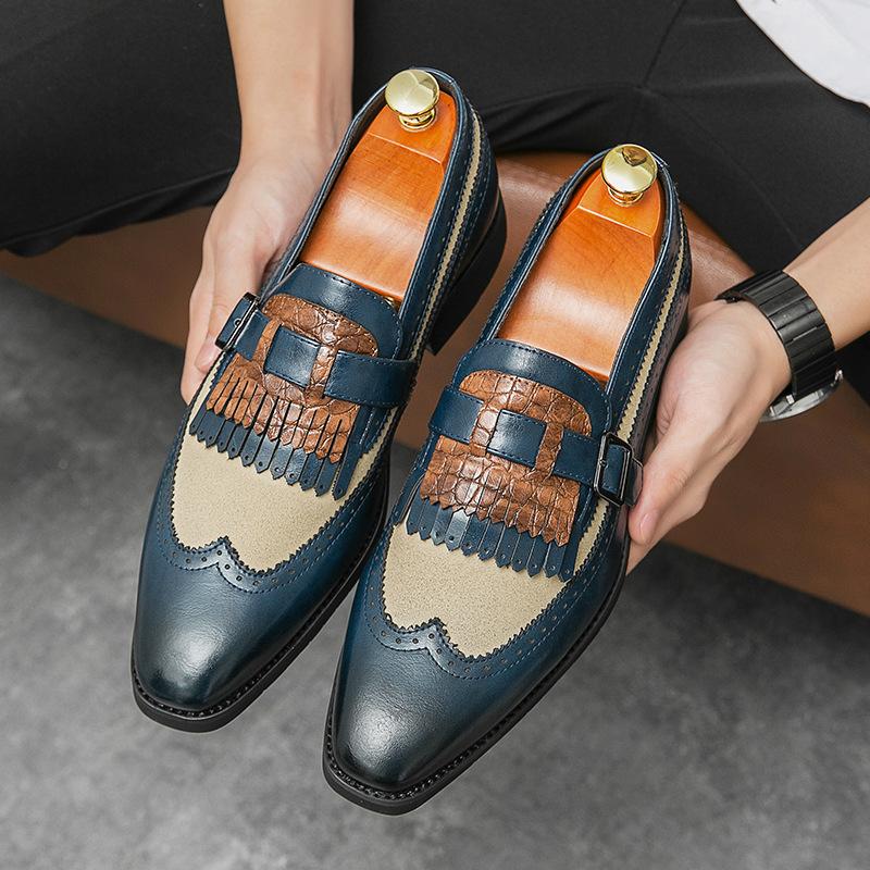 

Spring large size British Soviet business leather shoes men s fashion color matching wedding banquet leather shoes 46 синій