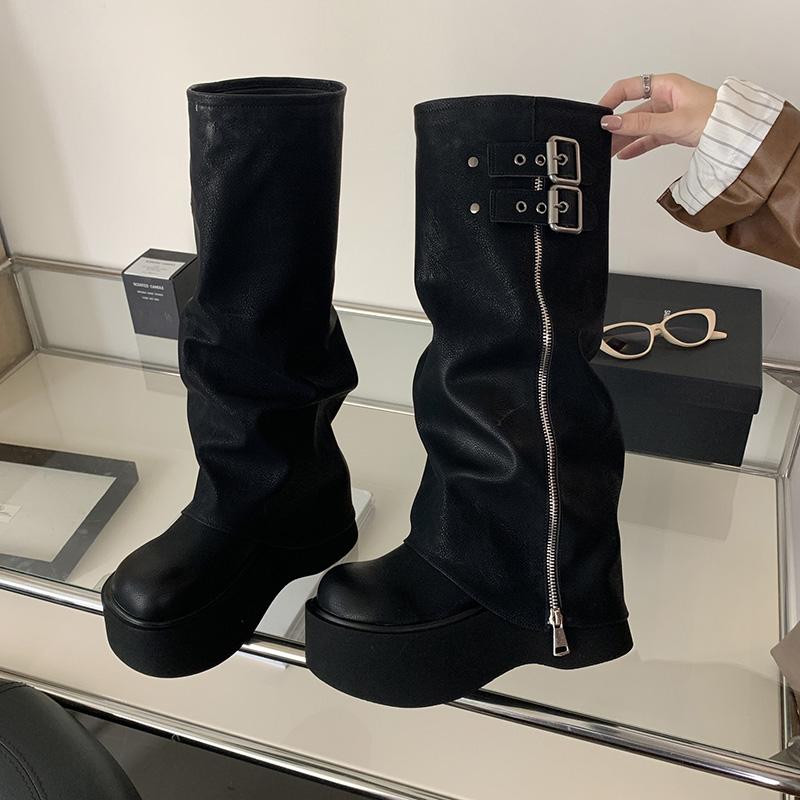 Punk Style Women Knee High Boots Designer Belt Buckle Platform Heel Shoes Autumn Winter Long Booties