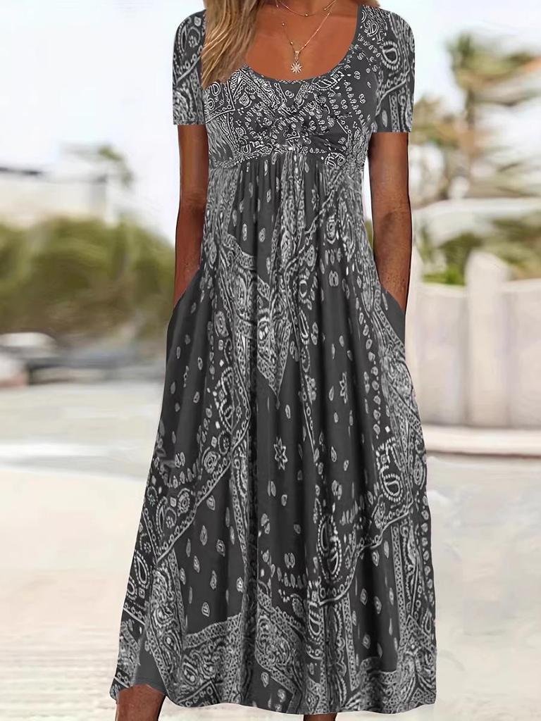 Sommer 2026 Boho-Stil Übergröße Bedrucktes Kleid mit Taschen für Damen