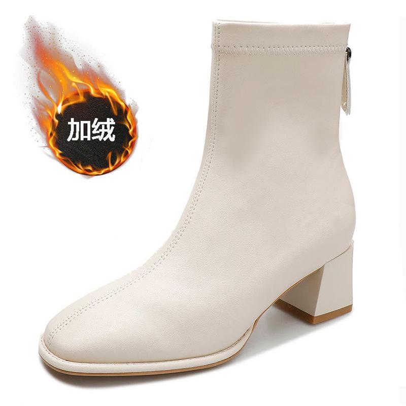 Short Boots Women's High Heel Thick Heel New Boots Soft Leather White French Square Head Autumn and Winter Velvet Medium Tube Thin Boots