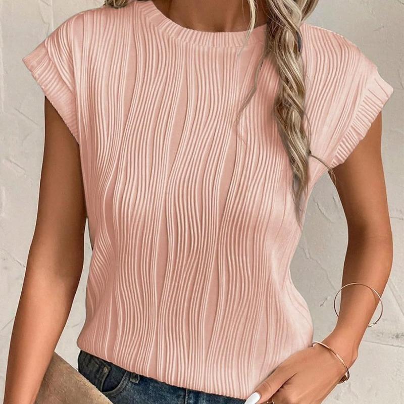 Fashion Tops Women Round Neck Pleated Slim Fit Summer T-shirt Short Flying Sleeve Blouse Women Solid Color Office Lady Tee Shirt 24135