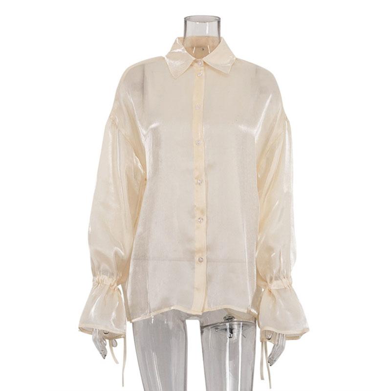 Fashion Loose Beige Shirt Women's Casual Sun Protection Solid Button Outwear Shirt Long Sleeve Top Thin See Through Shirt