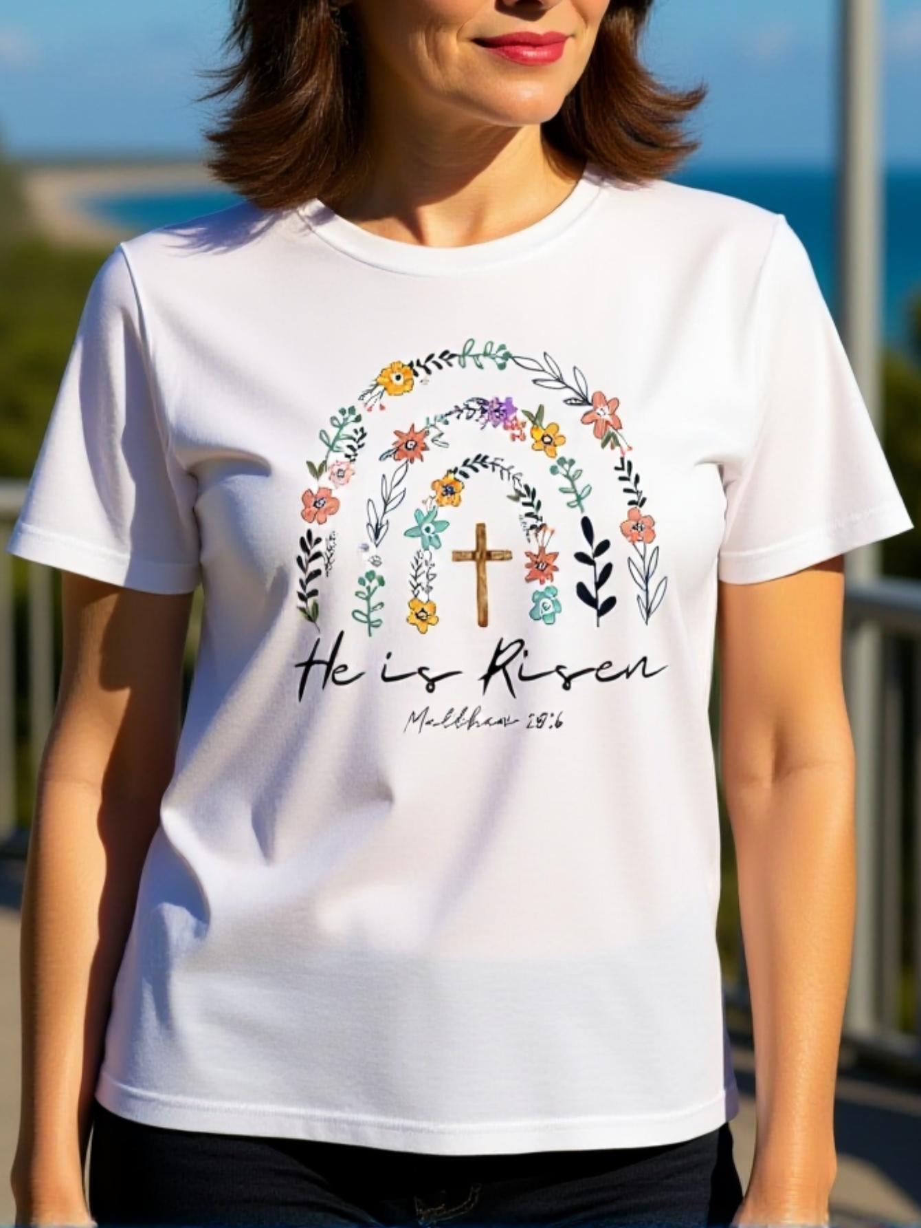 

He Is Risen Spring Floral Rainbow Easter Christian Women T-Shirt_0001 3XL дубильная кора