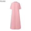 ZANZEA Vestido largo suelto informal de manga corta con cuello vuelto para mujer