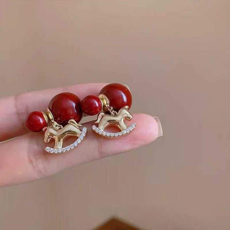 2025 New Arrival Exquisite Red Rocking Horse Earrings: Light Luxury, Retro Autumn/Winter Design for Women