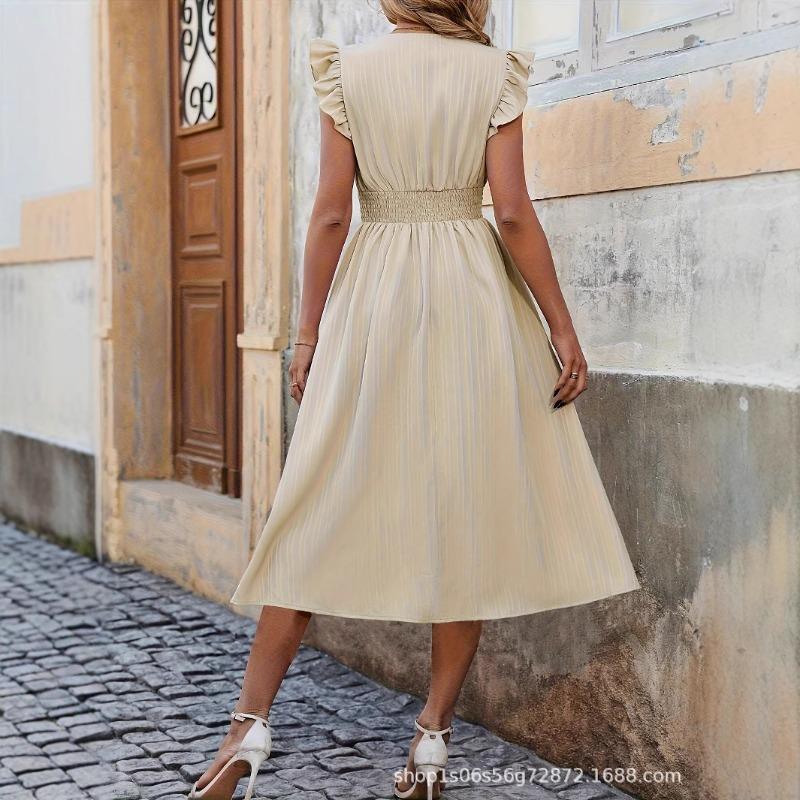 Elegant Ruffled Sleeve Waist Cinched A-line Dress Solid Color Summer Sleeveless Party Dress Fashion Summer Sweet Solid Color Casual Sweet Clothing