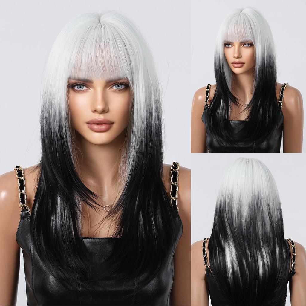 Platinum Ombre Synthetic Wigs for Women Long Wavy Silky Natural Hair Wig with Bangs Cosplay Party Heat Resistant Fake Hairs