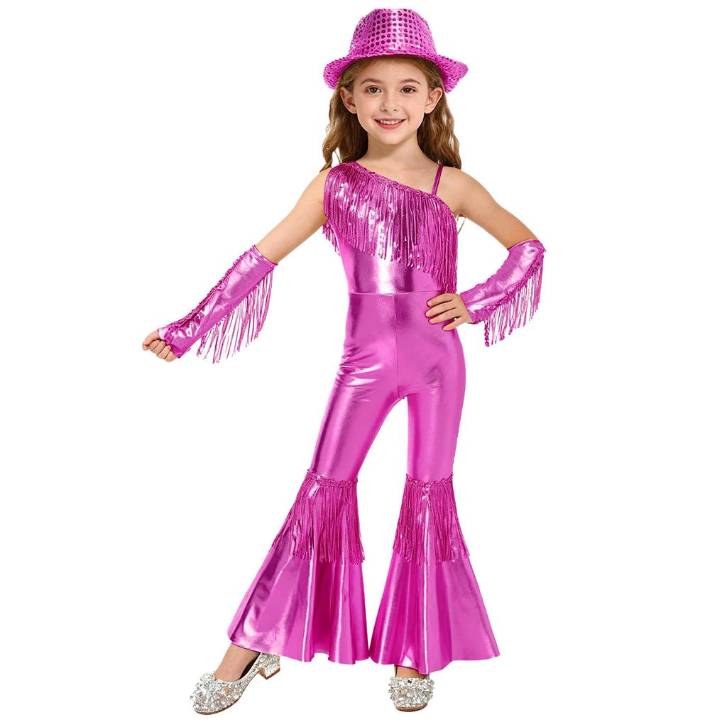 Kids Girls Jazz Disco Dance Jumpsuit Sleeveless One Shoulder Sequins Tassels High Waist Flared with Gloves and Fedora Hat for Banquet Pageant Party