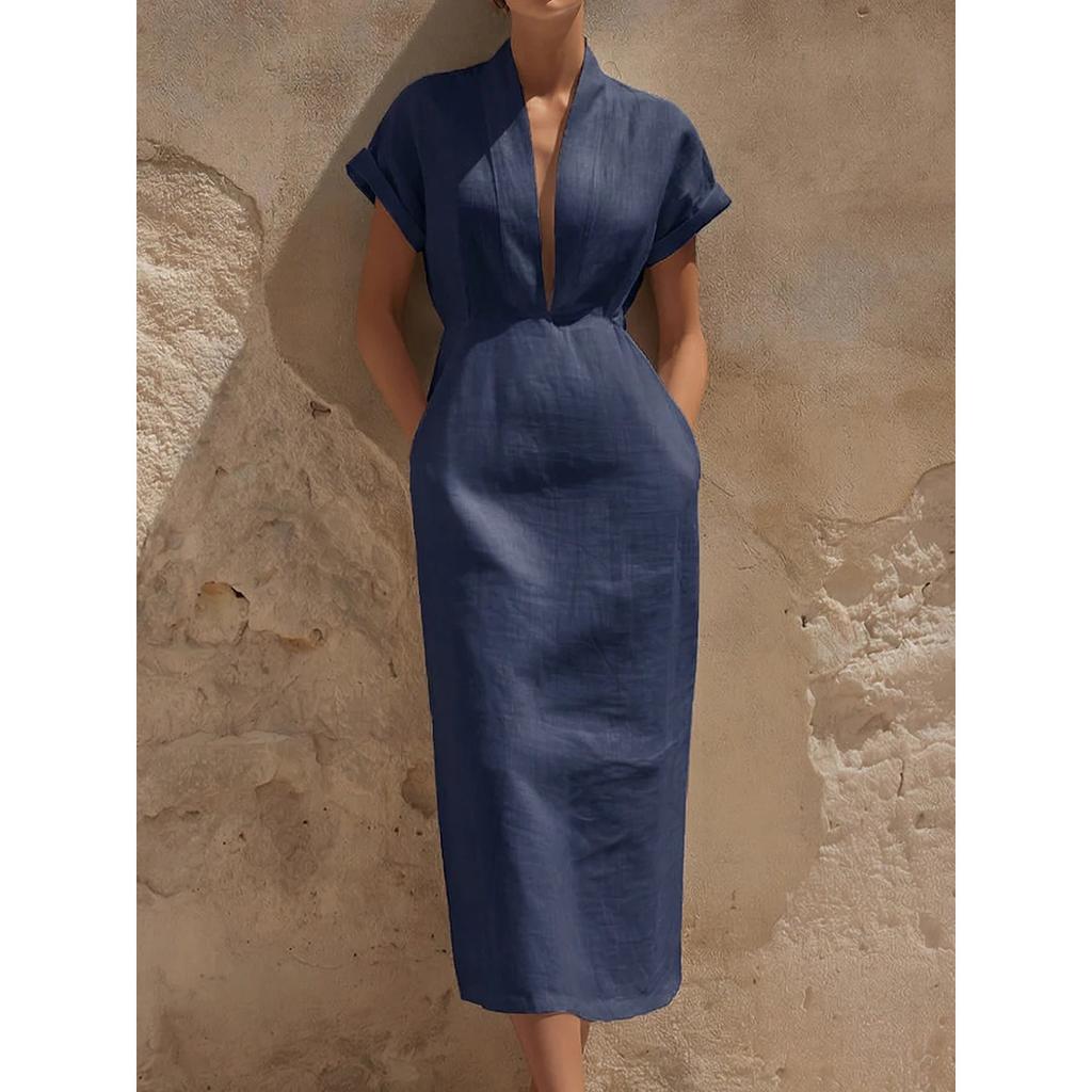 Frühlings-Damen-Einfarbiges Bodycon-Midikleid, Elegantes V-Ausschnitt-Taillenbetontes Langkleid für den täglichen Weg zur Arbeit, Europäischer Amerikanischer Stil