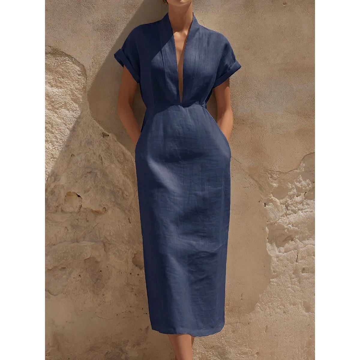 

Spring Women s Solid Color Bodycon Midi Dress, Elegant V-Neck Waist Cinched Long Dress for Daily Commute, European American Style XXL Темно-синій