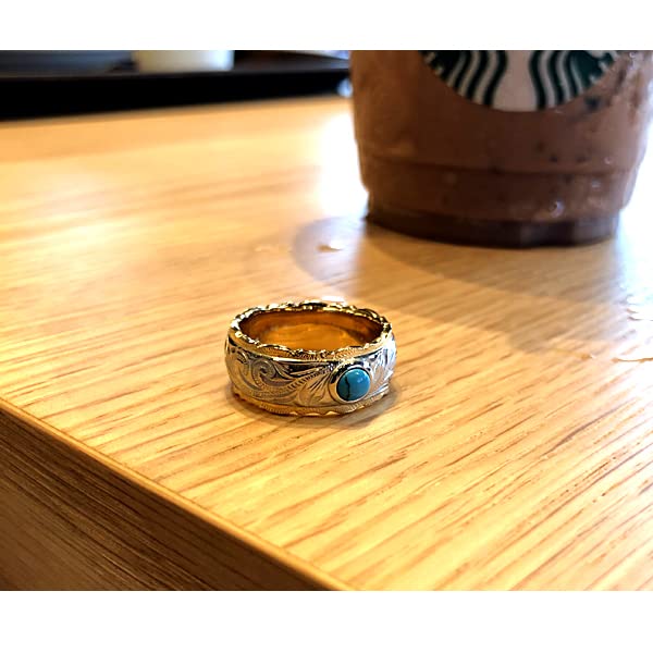 July Hawaiian Jewelry Ring with Turquoise Stone, Men's and Women's, Gift, Brand Name, Hypoallergenic, Surgical Stainless Steel, Size 19, Gold