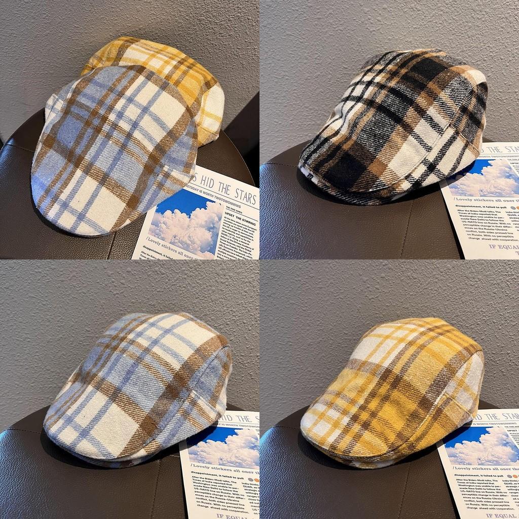 Color Clashing Grid Classic Wool Felt Newsboy Hat Color Blocking Fall Use Winter