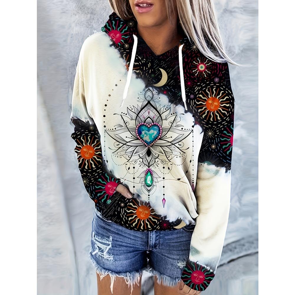Modischer Hoodie mit Mond- und Sternenprint, Verstellbare Kapuze mit Kordelzug, Geräumige Kängurutasche, Superweiches Lässiges Sweatshirt für Damen