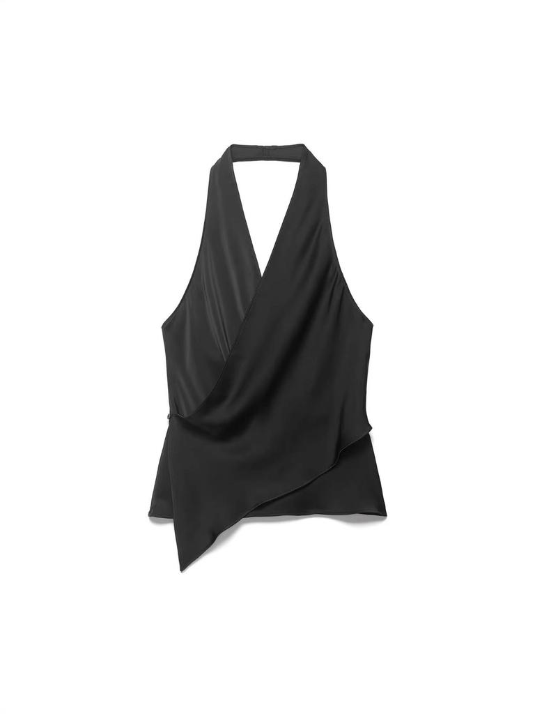 Women's Spring 2026 French Style Silk Satin Asymmetrical Halter Neck Sleeveless Top